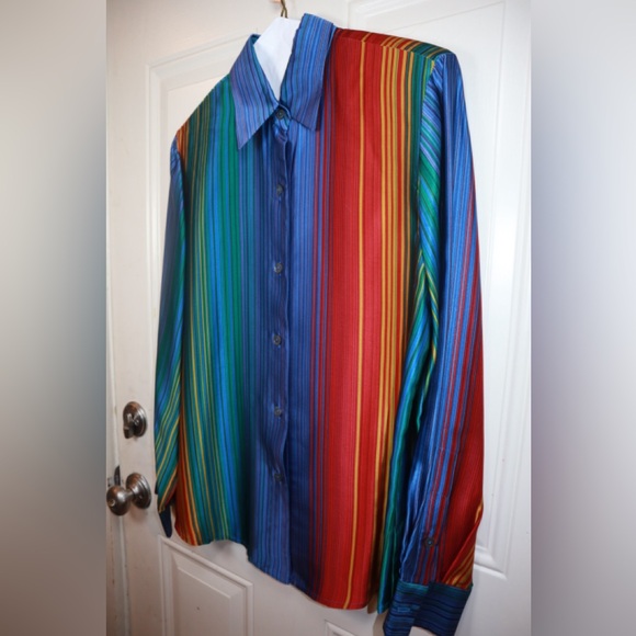 Vintage Rainbow Stripe Silk Butt Down Blouse Sz 6 - Picture 3 of 3